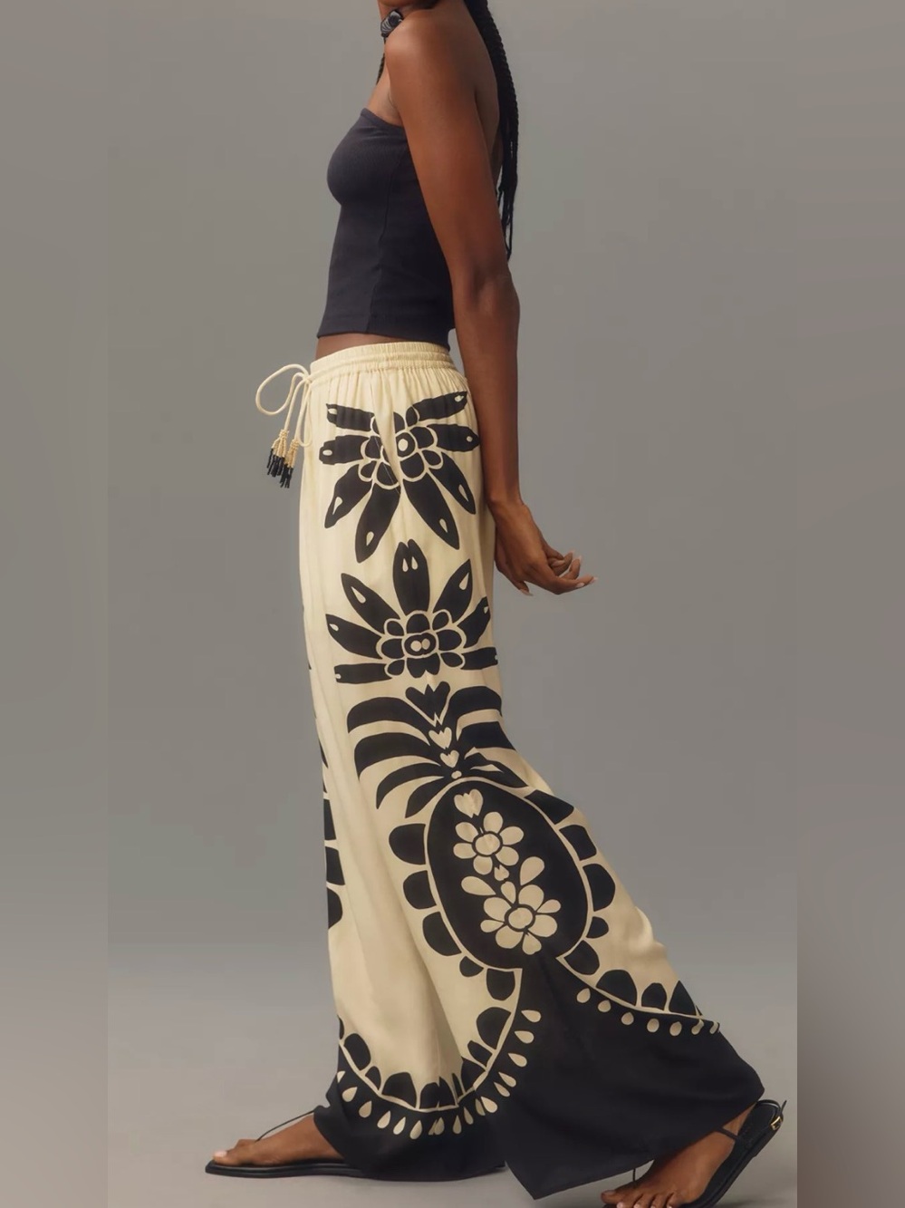 FARM Rio Cream Wide-Leg Pants with Black Floral Motif - Picture 3 of 6